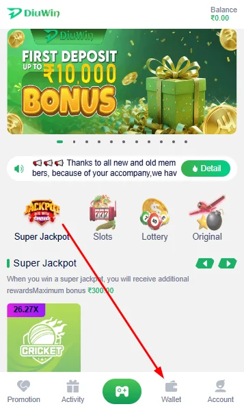 Click the wallet section